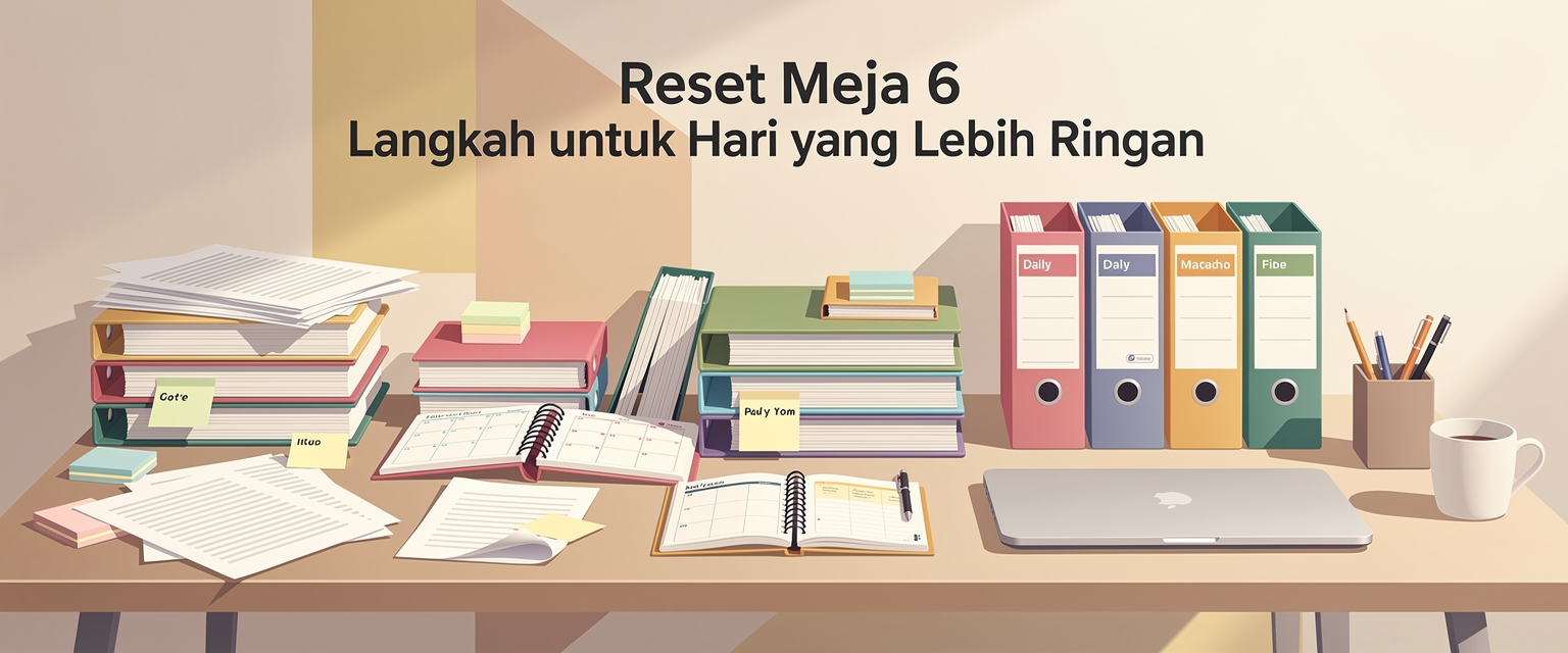 Ilustrasi reset meja 6 langkah untuk hari yang lebih ringan untuk Mpo6 dengan tema enam langkah merapikan meja, file, catatan, dan agenda harian.